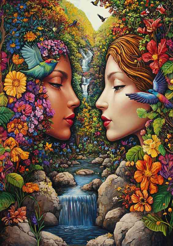 Painting depicting the faces of two women
