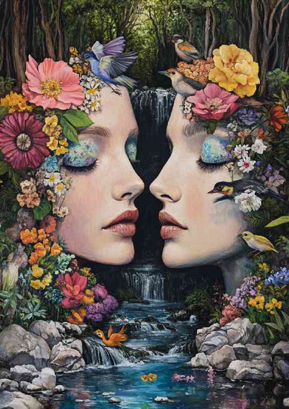 Painting depicting the faces of two women near the stream