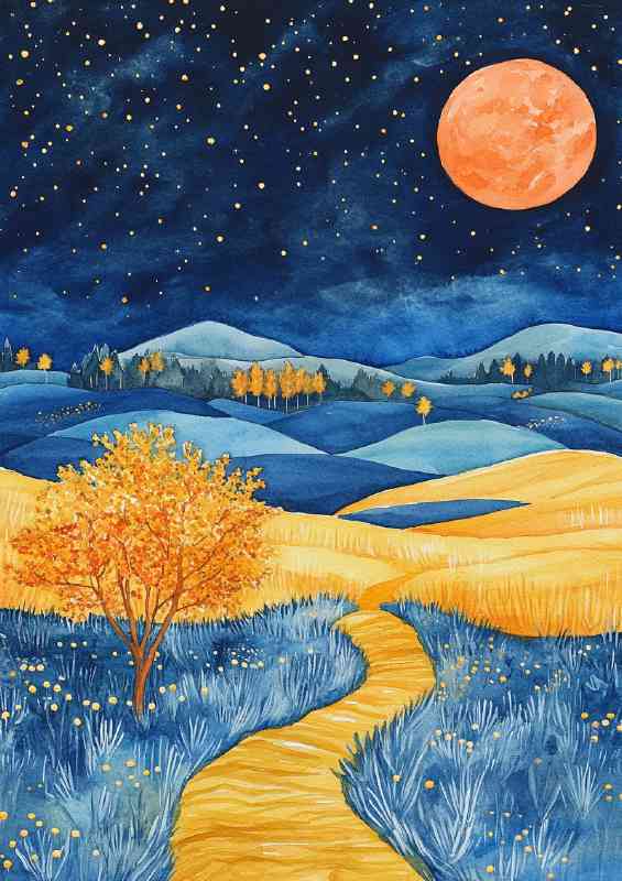 Starry night sky yellow trees and blue fields
