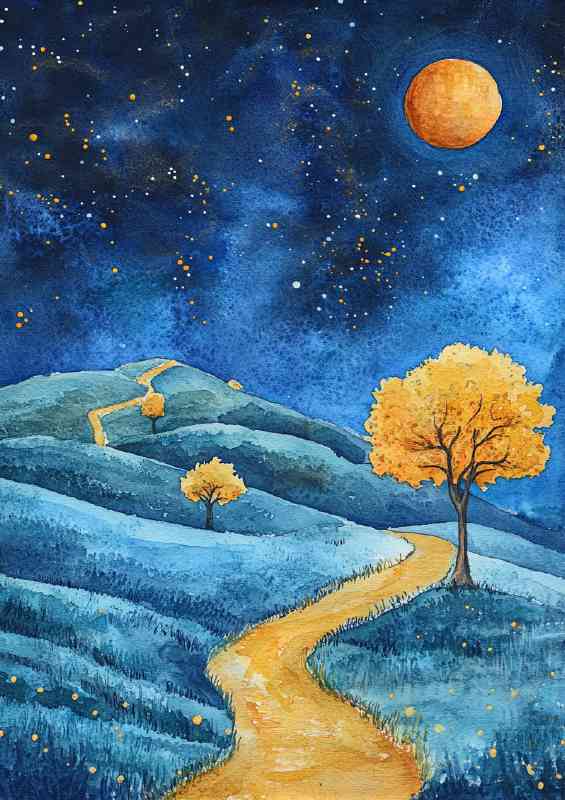 Starry night sky yellow trees and blue hils