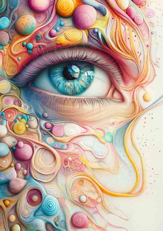 Surreal colorful artwork with an eye and lots of candy