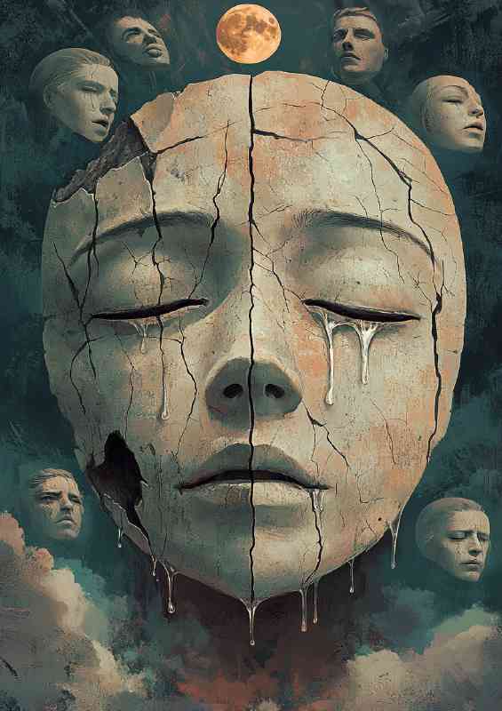 Surreal digital artwork portraying an oversized crying mask