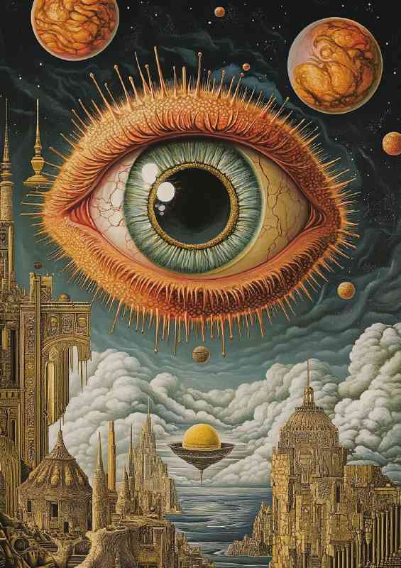Surreal hyperbolic alien world of art deco a giant eye
