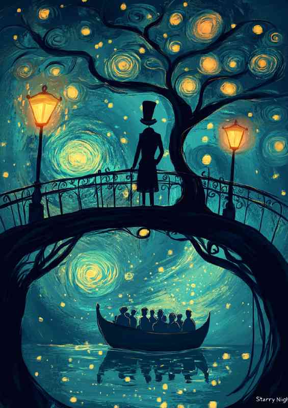 Surreal illustration in the style of man on a bridge
