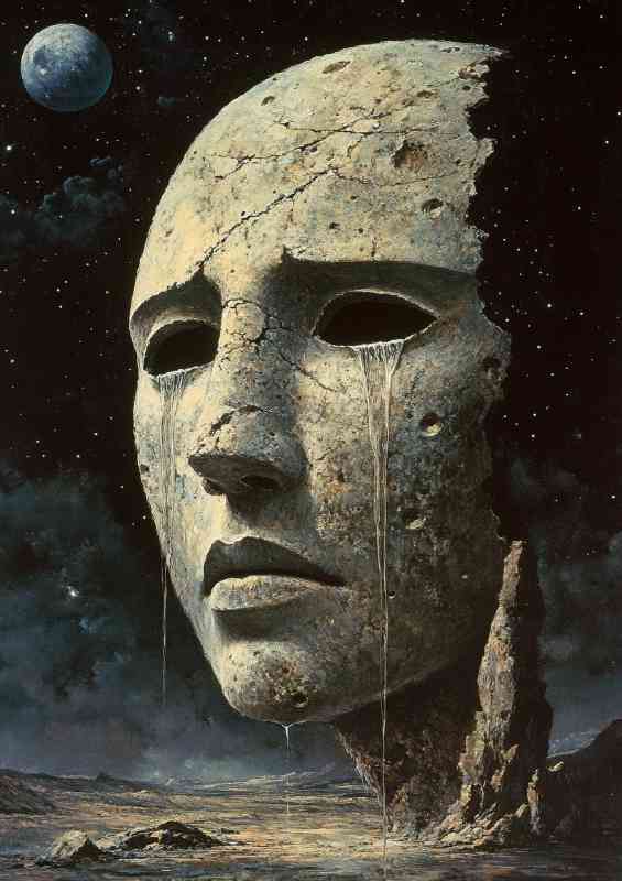Surreal painting ancient mask with the moon behind