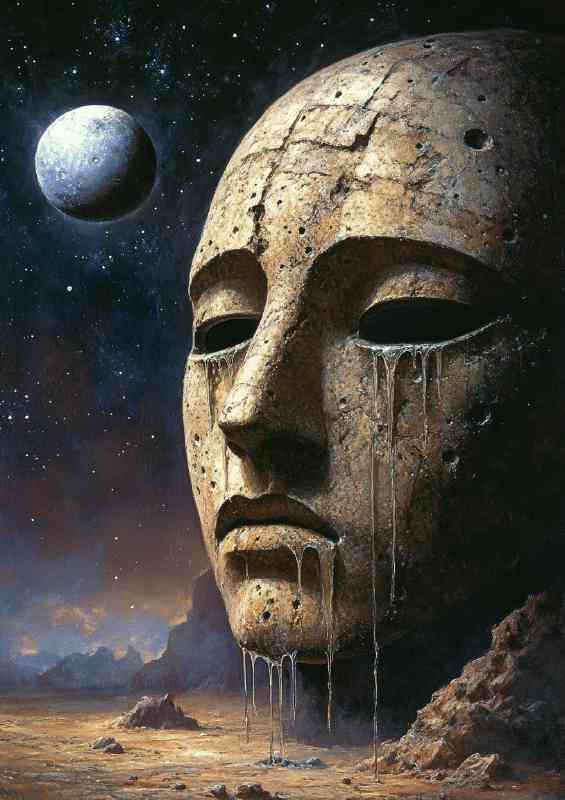 Surreal painting of an ancient mask with the full moon