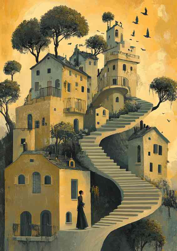 Surreal scene of houses with a thousand steps