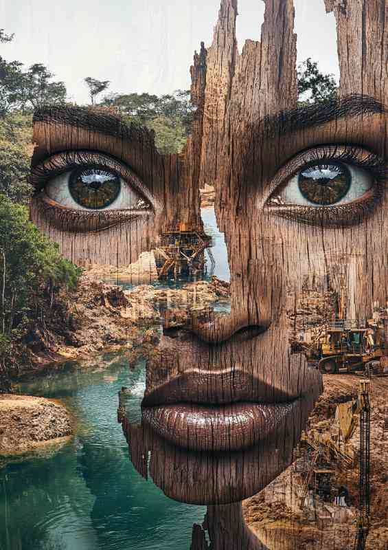 Surrealistic art print of an African womans face made from wood