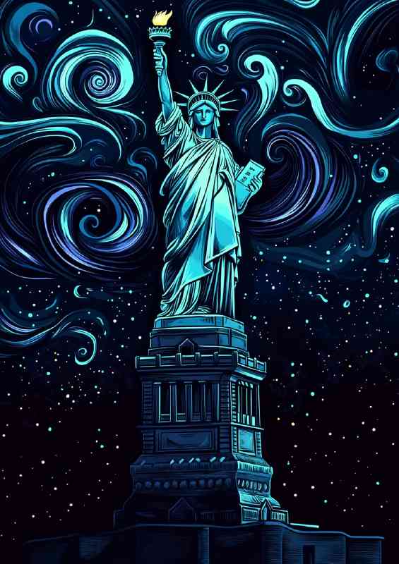 The Statue of Liberty at night with swirls
