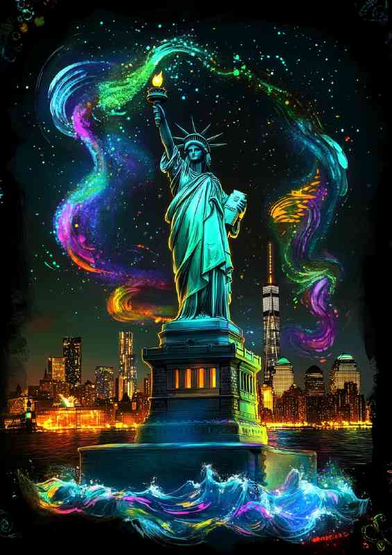 The Statue of Liberty in the bright flash of colour