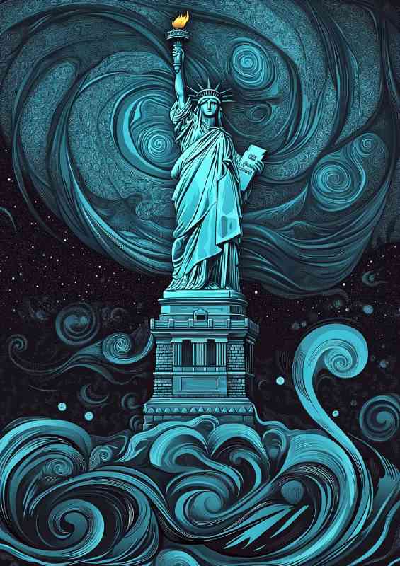 The Statue of Liberty in the night with swirling winds