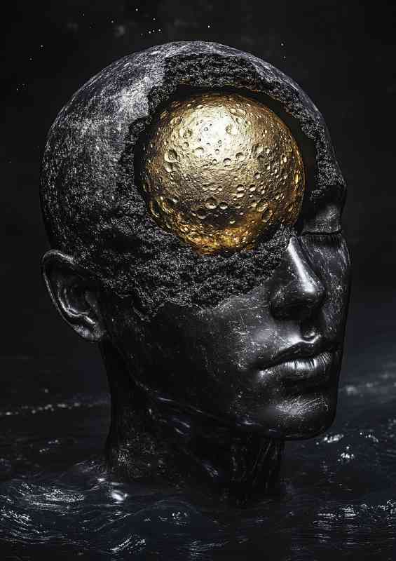 The moon is inside the head in the style of surrealisum in glod