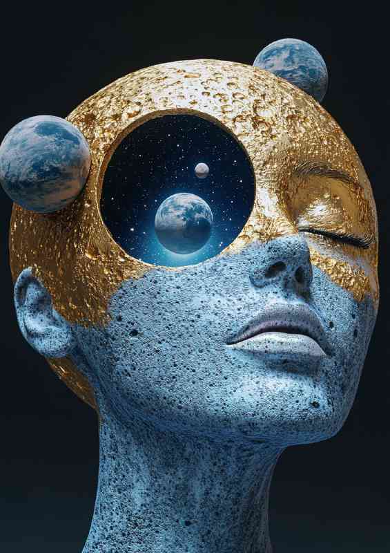 The moon is made of craters the head has gold and blue