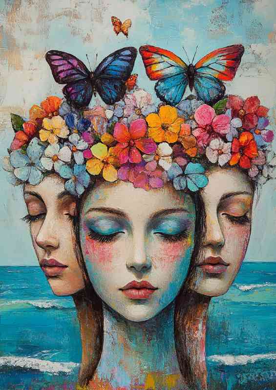 Three beautiful faces with flowers and butterflies