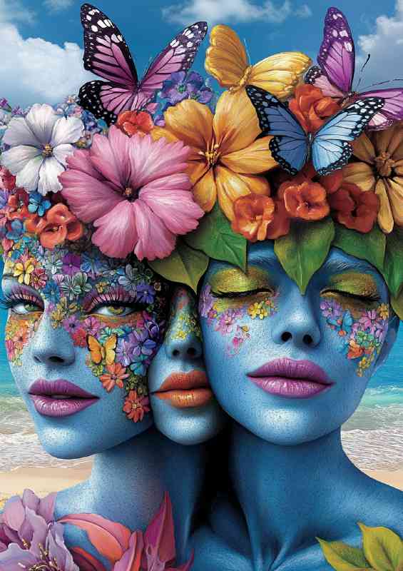 Three beautiful faces with flowers and butterflies as hats
