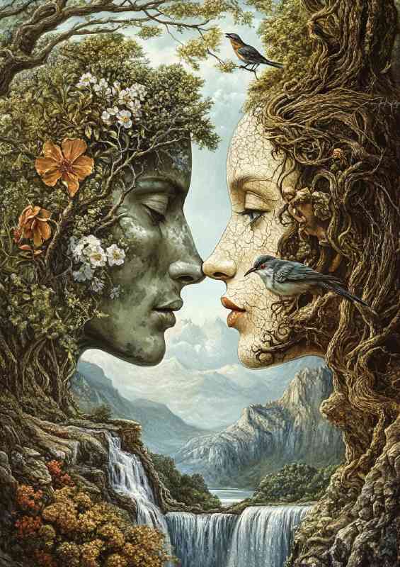 Two faces one male and the other female intertwined waterfall