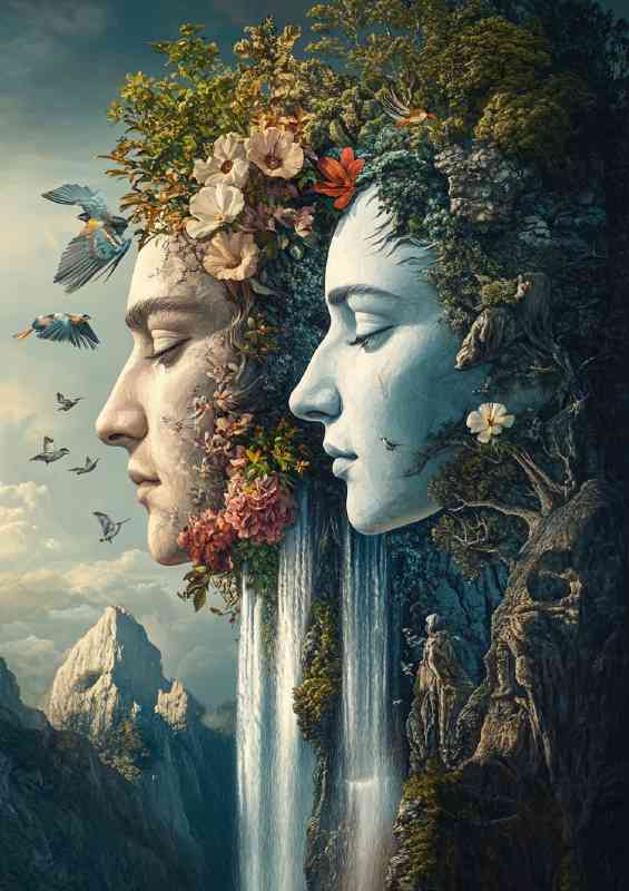 Two faces one male and the other female intertwinedsurreal waterfalls