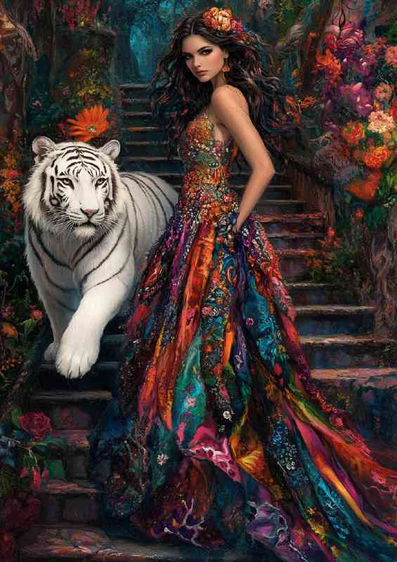 Woman in an intricate dress walking with her white tiger