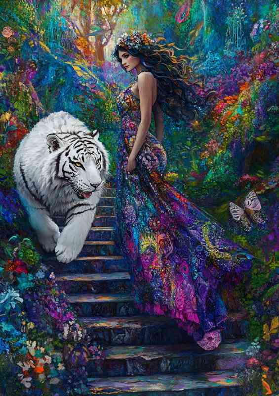 Woman in an intricate dress walking with the white tiger