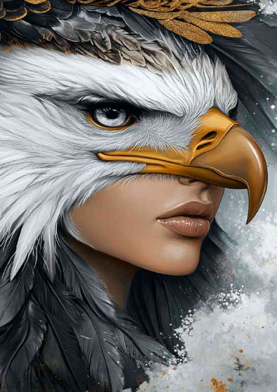 Woman with an eagle head feathers on her face