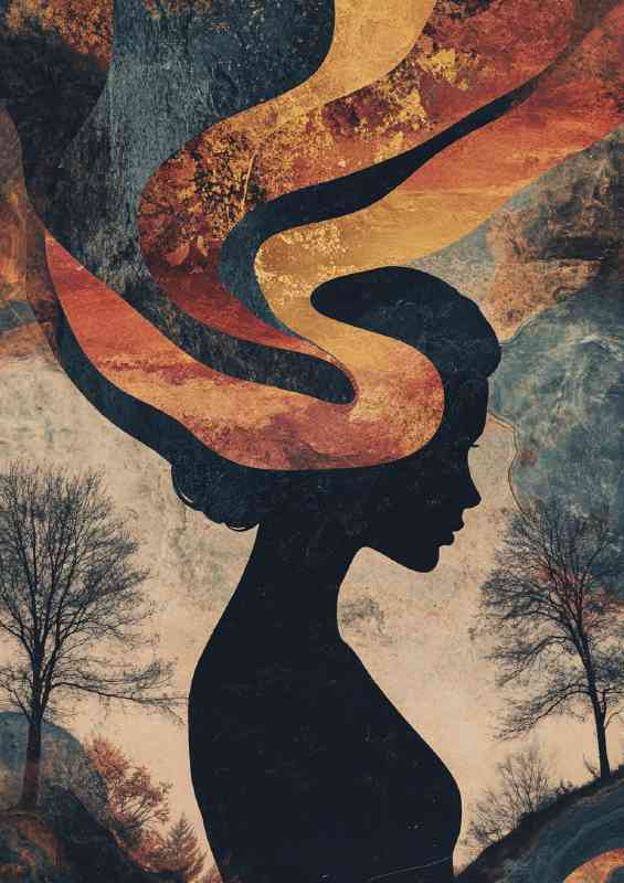 Womans figure with her head wrapped in waves