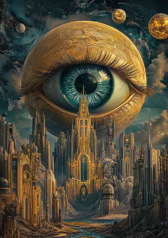 surreal hyperbolic alien world of art deco a giant blue eye