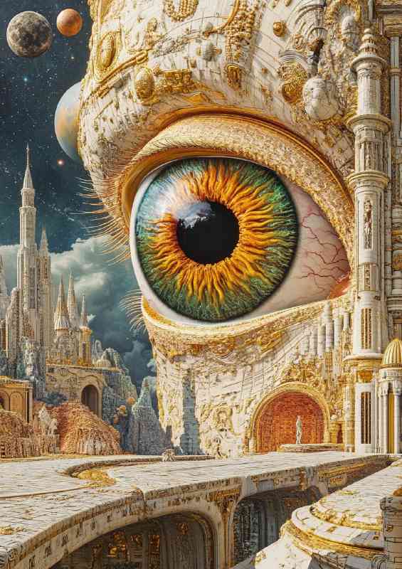 surreal hyperbolic alien world of art deco a giant green eye