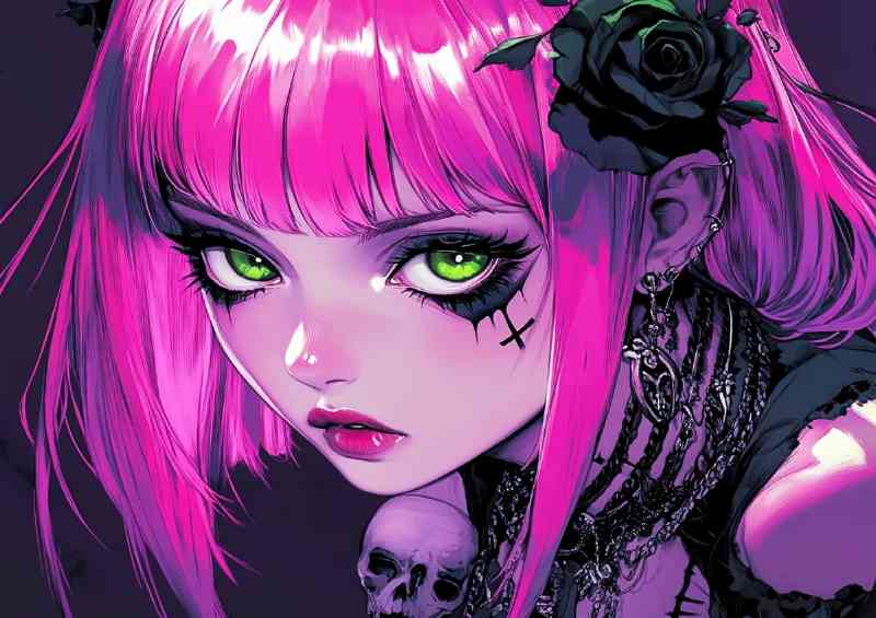 Cute goth girl with pink and purple hair green eyes