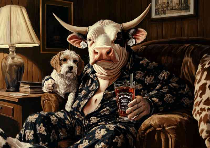 A fat cow wearing pajamas and drinking Jack Daniels w 8414af3d-3c26-40fc-8547-08b8b60ebf17