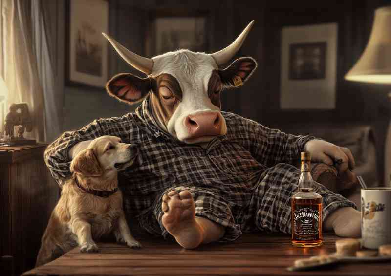 A fat cow wearing pajamas and drinking Jack Daniels w b4e67481-efc5-4814-89e6-72f3f392bd68