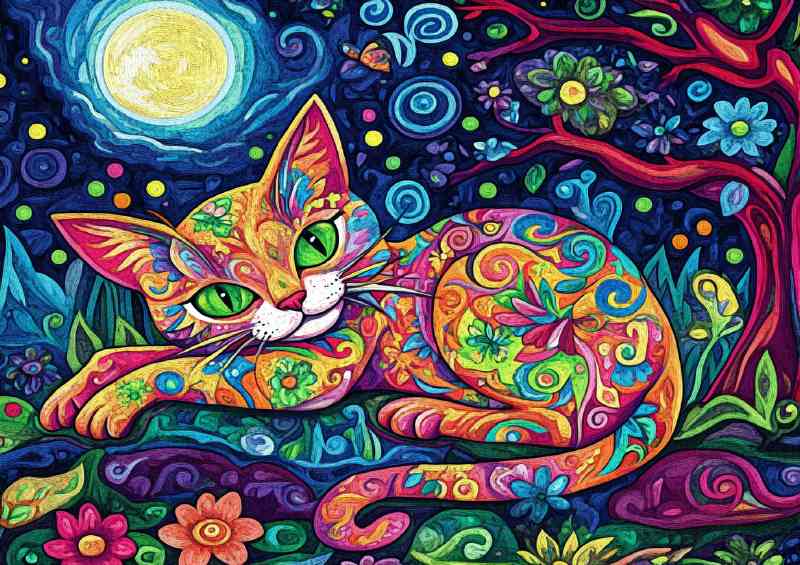 Colorful cats in the style of folk art vibrant