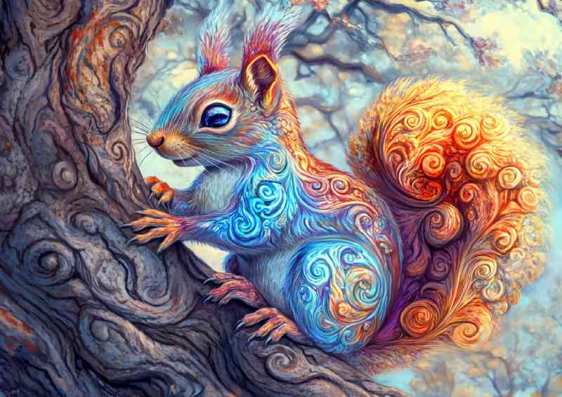 Colorful fantasy art of an iridescent squirrel on a branch