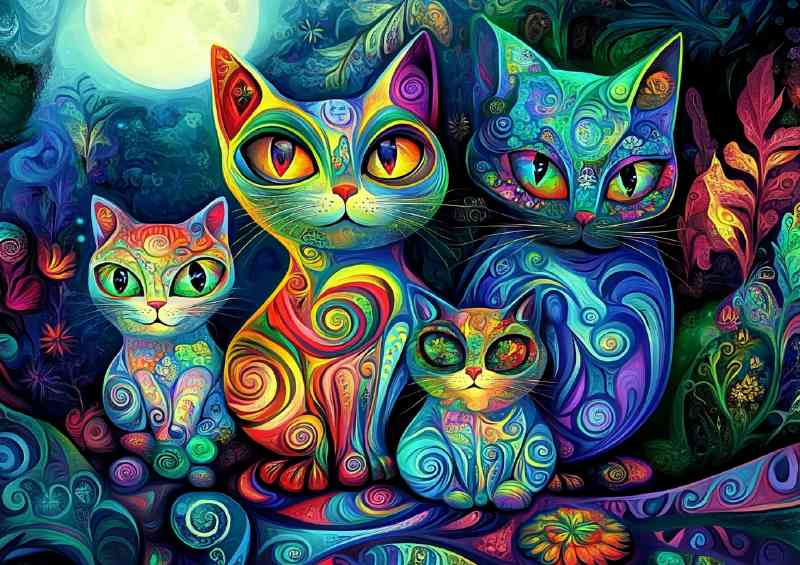 Cute cat family in the style of colorful psychedelic