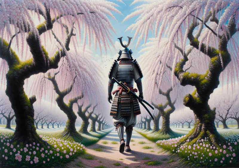 Blade a samurai walking through a serene cherry orchard