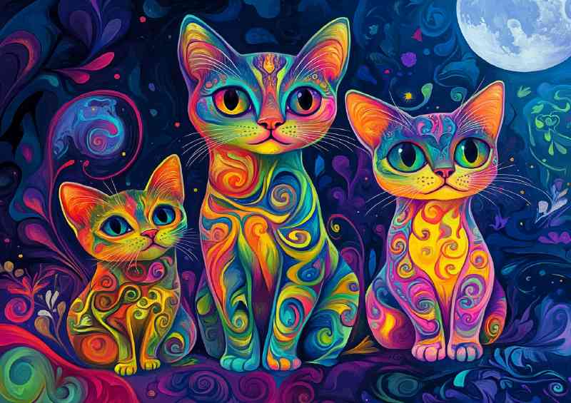 Cute cat family in the style of colorful psychedelic trio