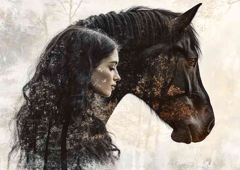 Double exposure of a woman and a horse
