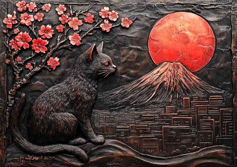 Relief sculpture of a black cat cherry blossoms