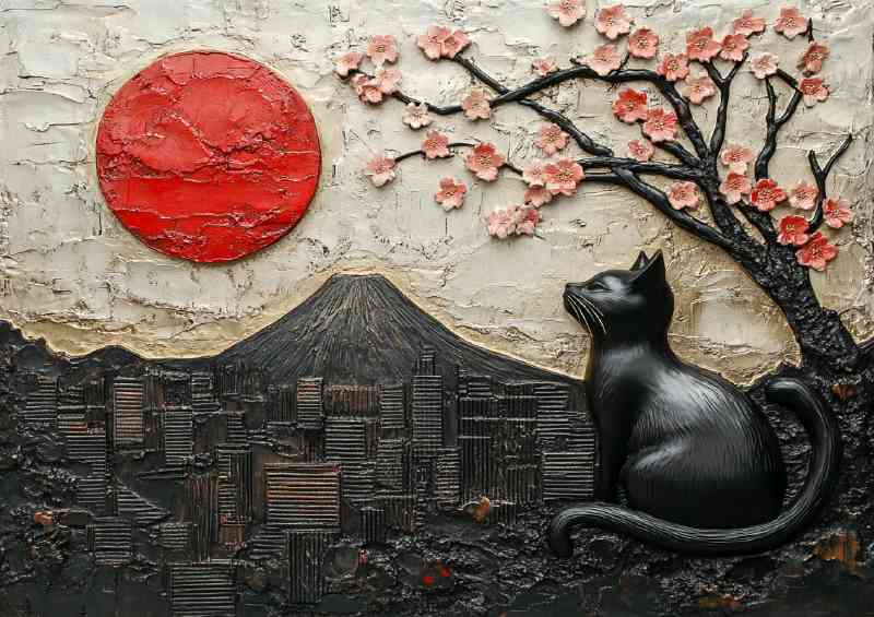 Relief sculpture of a black cat cherry blossoms and mount fuji