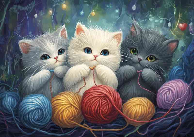 Three cute cats playing with yarn