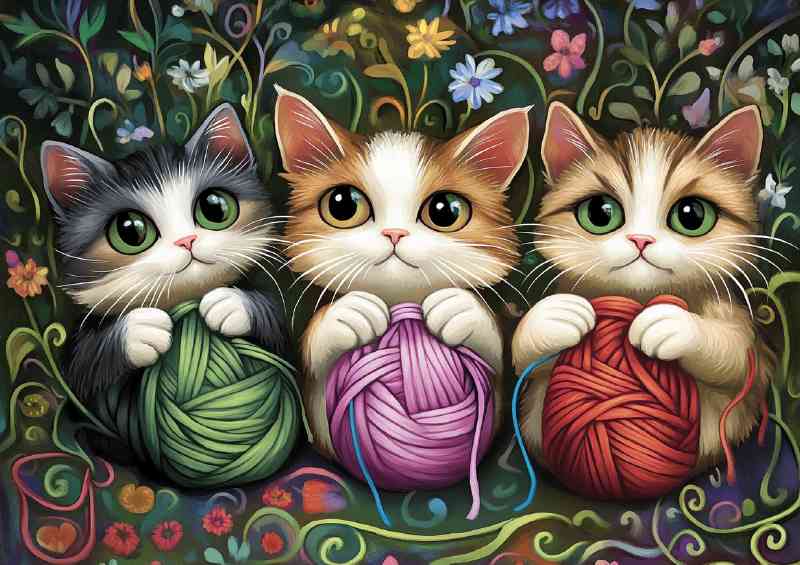 Three cute cats playing with yarn detailed background