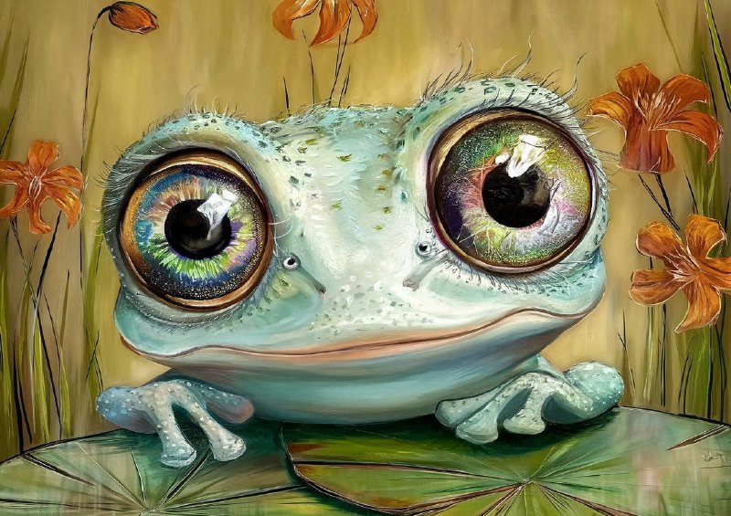 Whimsical a frog with large mesmerized