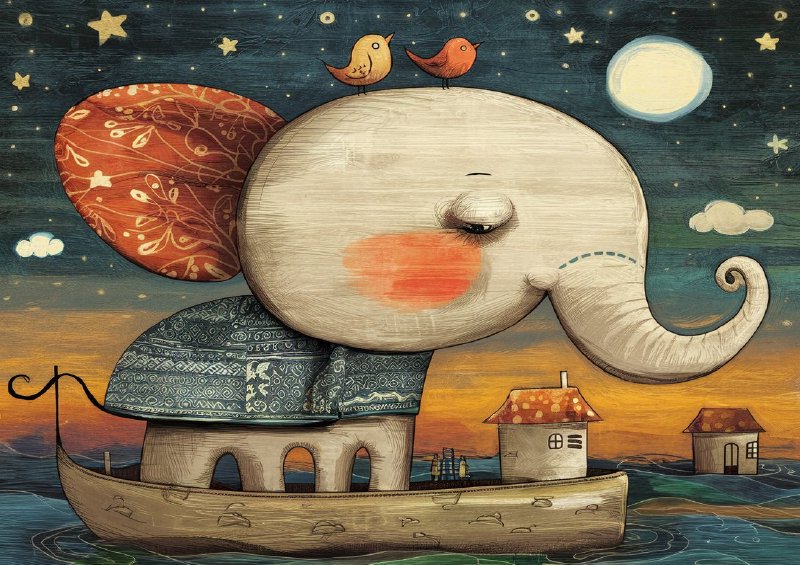 Whimsical a night sky elephant on a boat