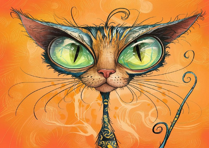 Whimsical and vibrant illustration of a cat with big green eyes