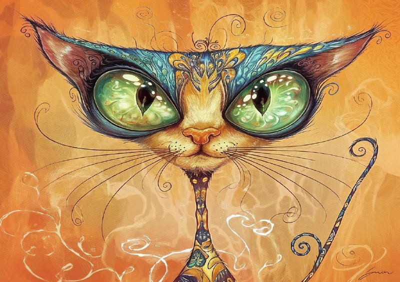 Whimsical artwork of a cat with large green eyes