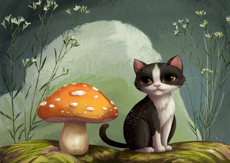 Whimsical cat and the mushroom