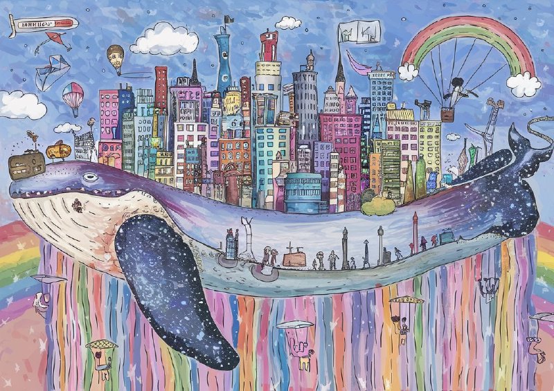 Whimsical cityscape perched atop a gigantic whale