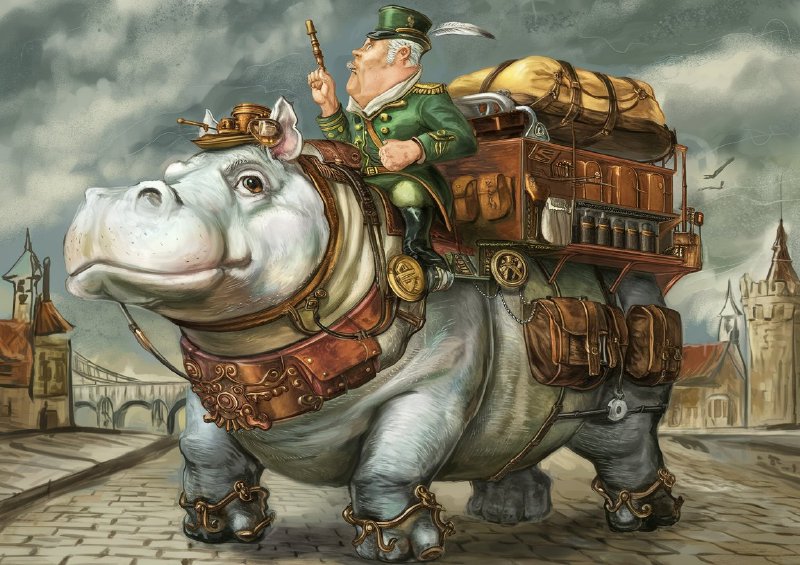 Whimsical hippo walking cloudy sky city