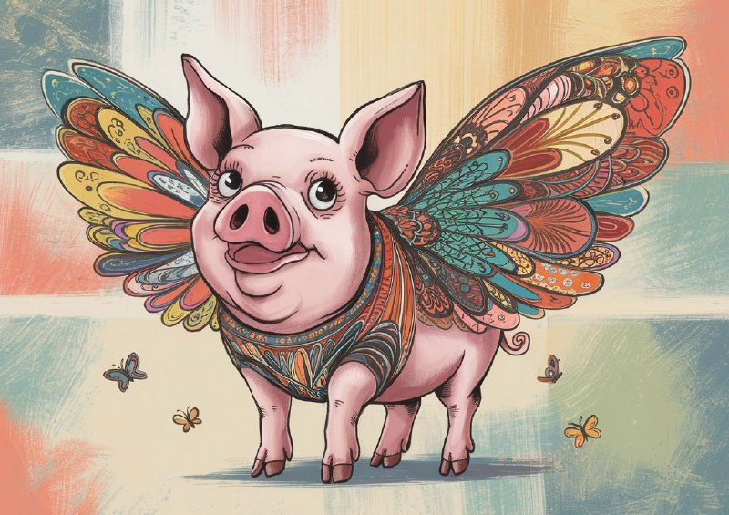 Whimsical pig with wings can fly