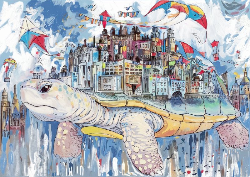 Whimsical scene where a gigantic turtle floating island