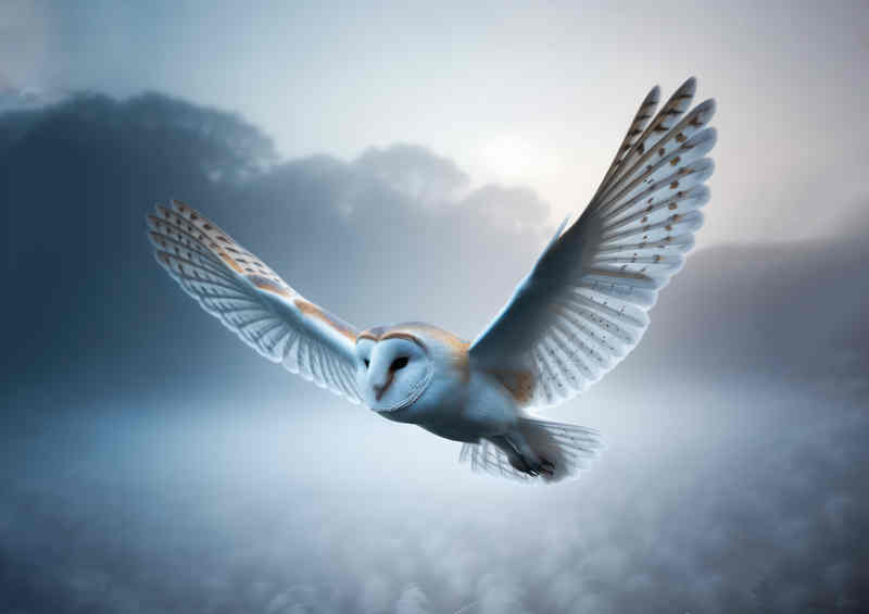 Barn Owl in Morning mist full flight